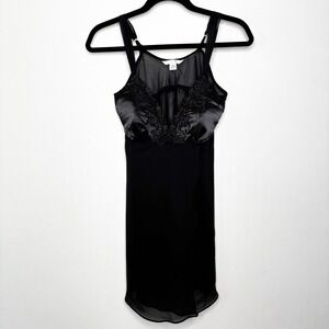 Flora by Flora Nikrooz Slip Size L Black Satin Lace Bodice Sheer Nightgown